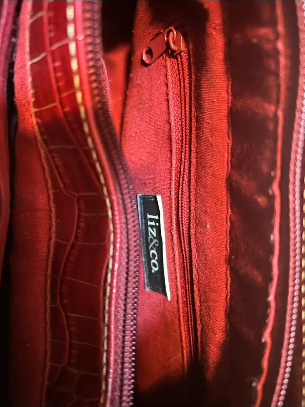 Liz & Co. Deep Red Croc-Embossed Shoulder Bag 10.5” strap drop. 11”x5.5”deep.